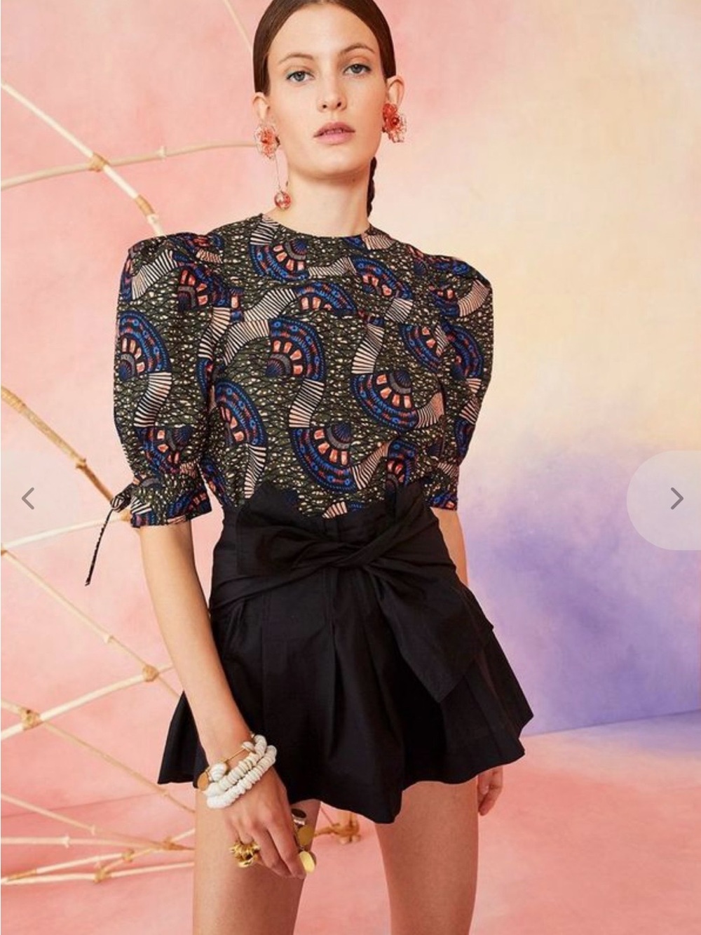 Ulla Johnson Printed Puff-Sleeve Top in Black and Multicolor